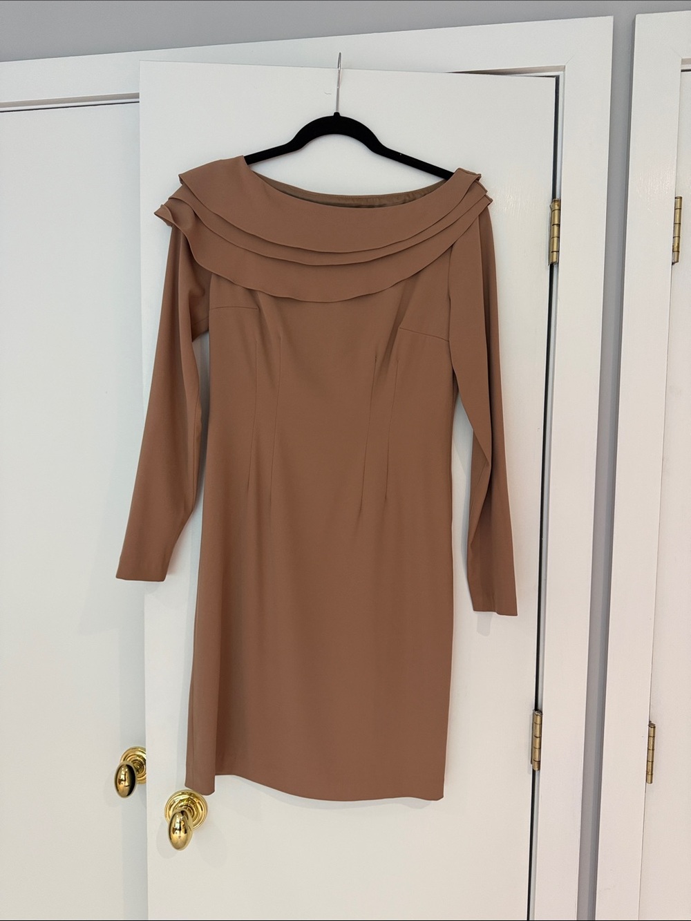 Off-Shoulder Long Sleeve Dress in Warm Brown